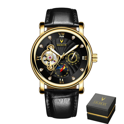 Luksusowy męski zegarek mechaniczny z automatycznym naciągiem, sygnowany przez renomowaną markę, wyposażony w tourbillon, wskaźnik faz księżyca i diamenty – elegancki zegarek na rękę.