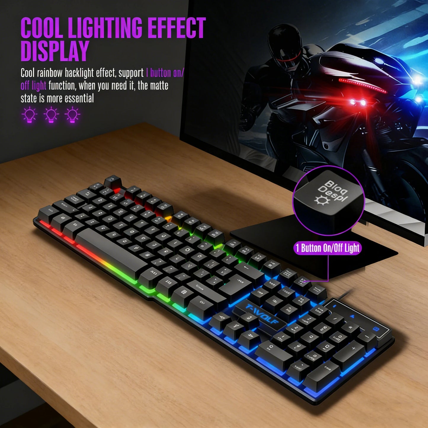 Mechanical feel Gaming Keyboard Light Backlit RGB wired keyboard USB office home media keys Russian Spanish Arabic English