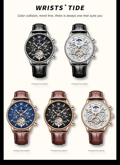 OLEVS 6658 Automatic Mechanical Watch for Man Leather Strap Waterproof Moon Phase Business Dress Men's Watches