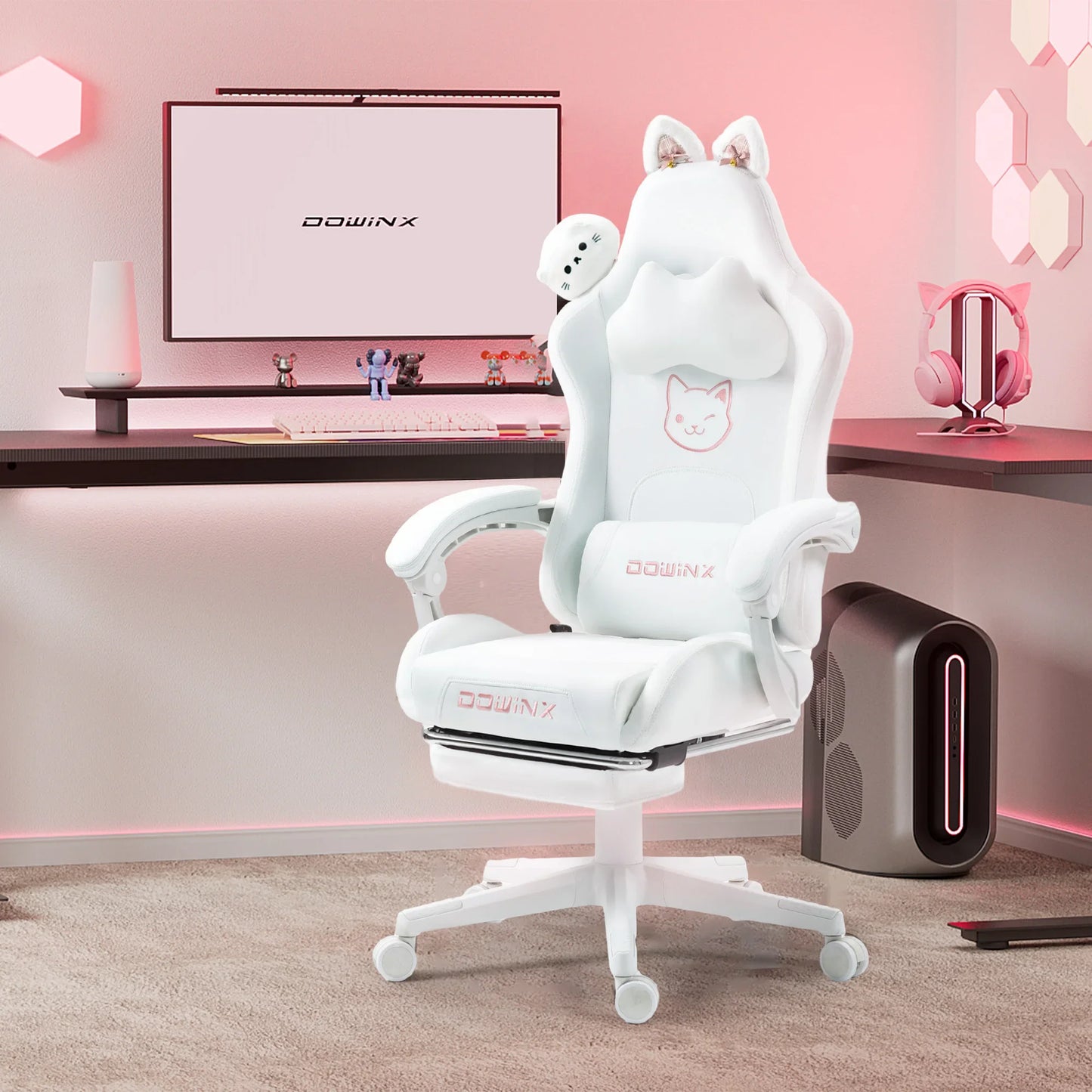 Cuki gamer szék macskafülekkel, lábtartóval, rózsaszín kawaii számítógépes szék, ergonomikus, magas háttámlás gamer ülés macskamancsos deréktámasszal