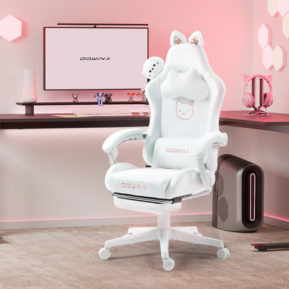 Cuki gamer szék macskafülekkel, lábtartóval, rózsaszín kawaii számítógépes szék, ergonomikus, magas háttámlás gamer ülés macskamancsos deréktámasszal