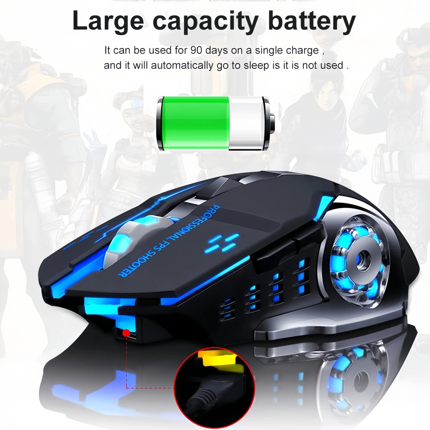 Dobíjecí bezdrátová herní myš – tichá Bluetooth/USB, RGB podsvícení, e-sport pro PC