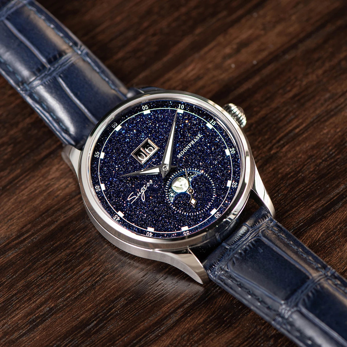 Sugess 2022 Luxury Man Watch Moonphase Blue GoldStone Dial Tianjin 2528 Movement Stainless Steel Starry Sky Limited Edition V3