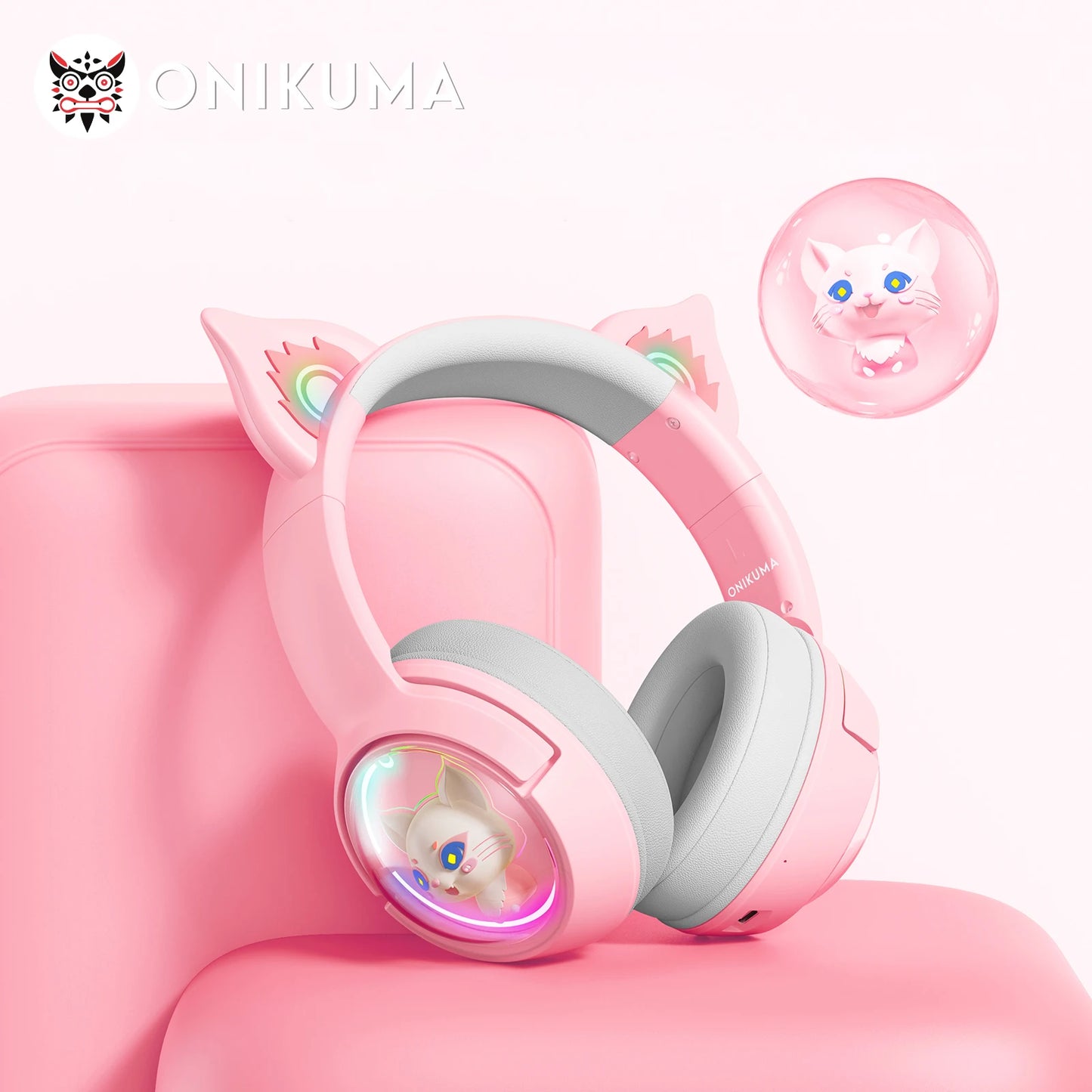ONIKUMA B5 Wireless Gaming Headset with Cat Ears, Surround Sound Over-Ear Headphones with Microphone for PC, Laptop & Gaming
