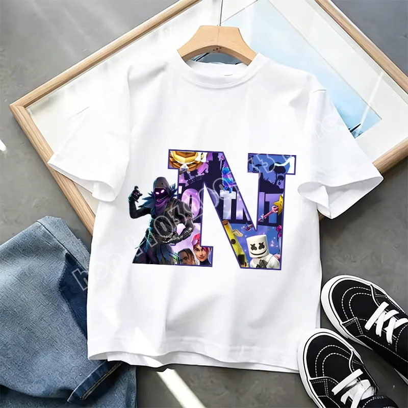 Тениска Fortnite A-Z Alphabet Print за деца, лятна бяла дреха, популярна тениска с анимационна игра, модерен ежедневен топ с къс ръкав, подарък