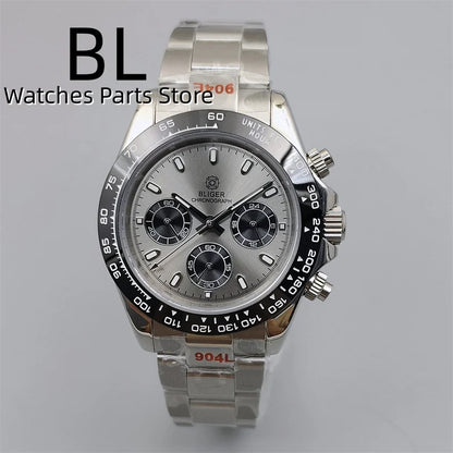 BLIGER 39mm VK63 Men's Quartz Chronograph Watch Ceramic Brown Insert Ice Blue Dial With C3 Luminous Sapphire Crystal Waterproof