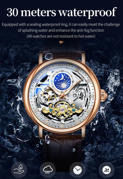 OLEVS Brand 2024 Fashion Moon Phase Skeleton Mechanical Watch for Men Sport Leather Waterproof Luxury Tourbillon Watches Mens