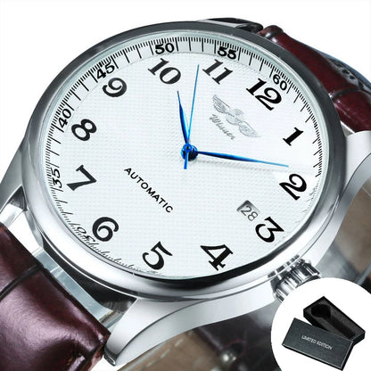 Klassiek herenhorloge – Retrostijl met datumweergave en blauwe wijzers, automatisch mechanisch uurwerk, prestigieus merk, stalen kast en leren band