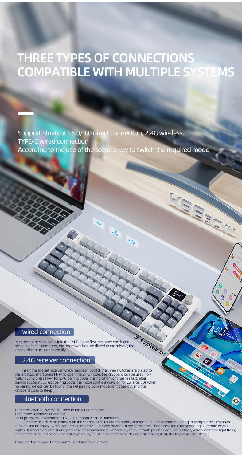 ATTACK SHARK K86 Mechanical Keyboard with Metal Knob,TFT Smart Color Screen,87-key Layout,RGB Lighting,and Three-mode Connection