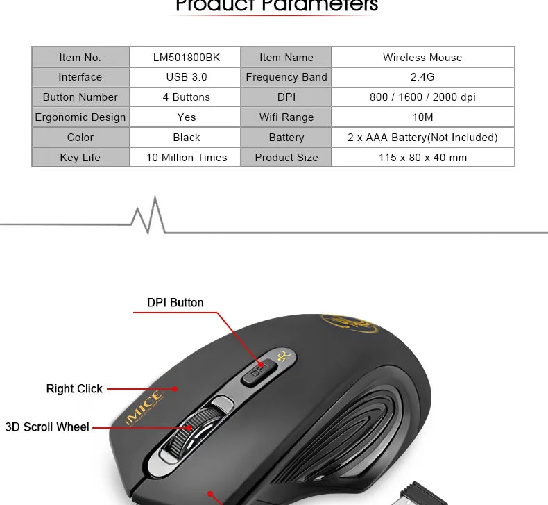 Nová bezdrátová myš 2000DPI, nastavitelná, s přijímačem USB 3.0, optická počítačová myš 2.4GHz, herní myš s ergonomickým designem pro notebook