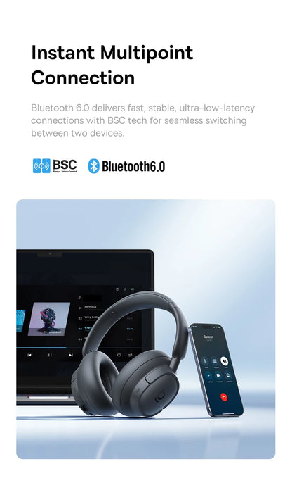 Baseus Bass EH10 NC Noise Cancelling Wireless Headphones Bluetooth 6.0 Over Ear Headset with 45dB ANC, 80H Battery, Hi-Res Audio & AI Calls