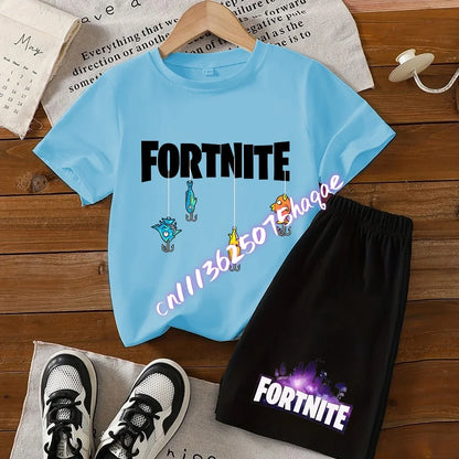Летен комплект Fortnite с тениска и къси панталони за момчета и момичета, 2 части, детски дрехи с горнище, тениска и панталони, принт Fortress Night, подарък