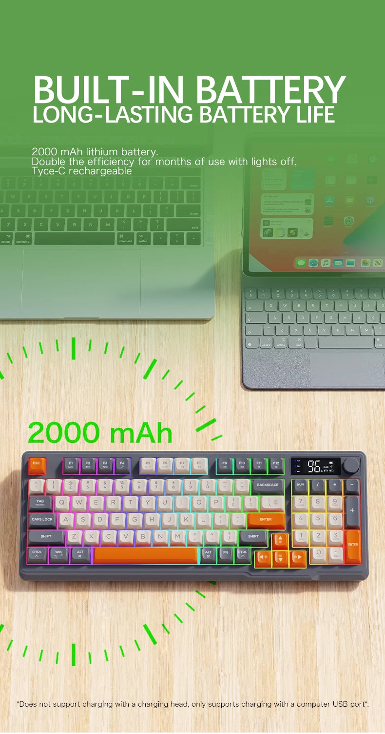 M96 Bluetooth Wireless Keyboard FREEWOLF Digital Display,RGB Backlight,2000mAh Battery & PBT Keycaps for PC/Laptop