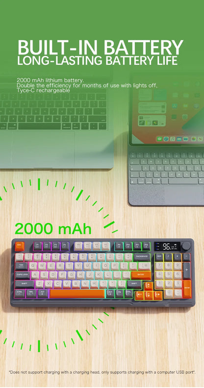 M96 Bluetooth Wireless Keyboard FREEWOLF Digital Display,RGB Backlight,2000mAh Battery & PBT Keycaps for PC/Laptop