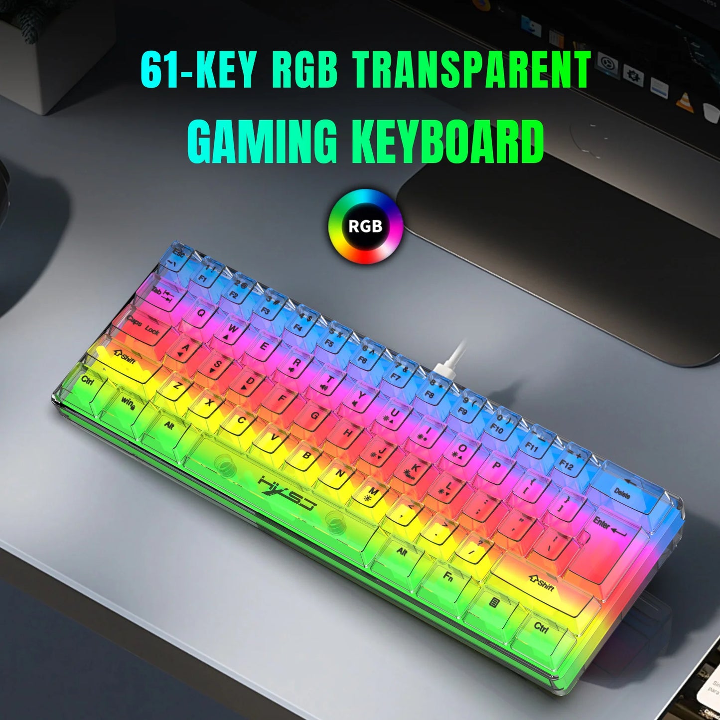 Teclado gaming transparente con cable HXSJ 60%, retroiluminación RGB, ultracompacto, resistente al agua, teclado compacto pequeño de 61 teclas para PC/Mac