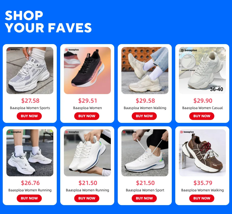 Baasploa Women Sport Shoes Comfort Lightweight Running Shoes for Women Mesh Breathable Casual Sneakers White Walking Sneakers