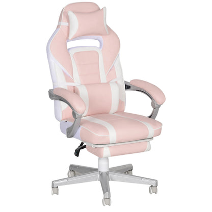 Pink Gaming Chair with Footrest, Adjustable High Back Gaming Chair with Headrest & Lumbar Pillow, 360° Swivel Ergonomic Faux Leather Gaming Chair for Office & Gaming