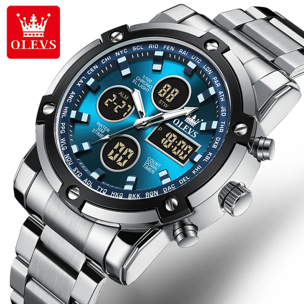 Relógio de homem OLEVS – Relógio de pulso de quartzo, estanque, em aço inoxidável, com ecrã LED – Estilo desportivo e moderno (modelo 1106)