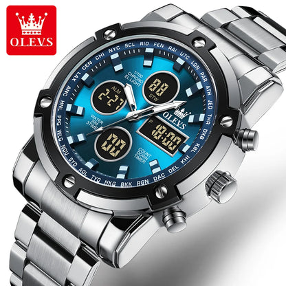 Relógio de homem OLEVS – Relógio de pulso de quartzo, estanque, em aço inoxidável, com ecrã LED – Estilo desportivo e moderno (modelo 1106)