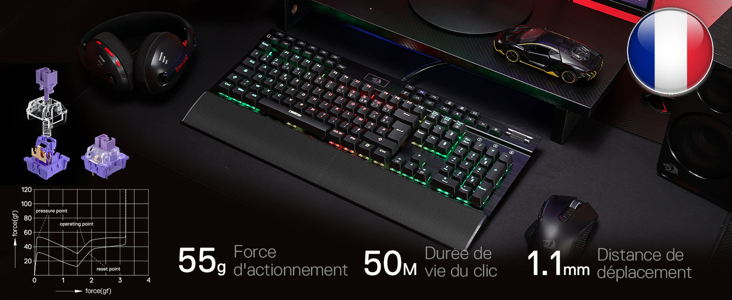 Redragon K550 RGB AZERTY Gaming Keyboard, 104 Keys + 12 Macro Keys, Wired Mechanical Keyboard, Aluminum Top Plate, Clicky Purple Switches, 2 USB Ports, Wrist Rest, Black