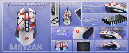 Redragon M612AK PRO RGB Gaming Mouse 8000 DPI Wired/Wireless Optical Mouse 9 Programmable Buttons 7 Backlit Modes