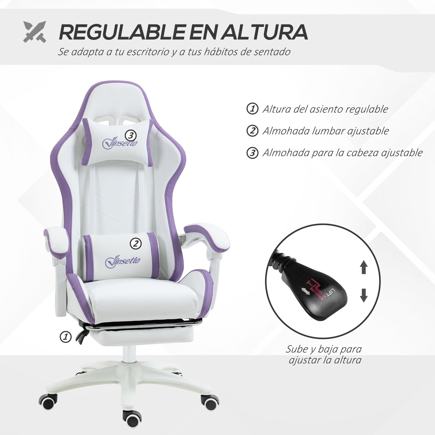 Vinsetto Gaming Chair Pu Leather Gamer Chair Adjustable Height Reclining 135 °   Headrest and Footrest 65X65X121-129 cm White
